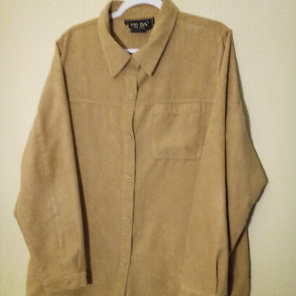 Fuda Shirt Women 1X Long Sleeve Button Up Suede Soft Tan